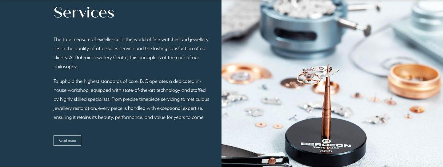 BJC Services section on navy with a watch workshop photo